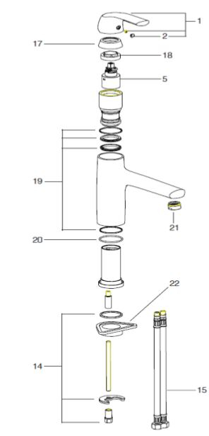 Vue éclaté Nateo E76251 robinet Jacob Delafon