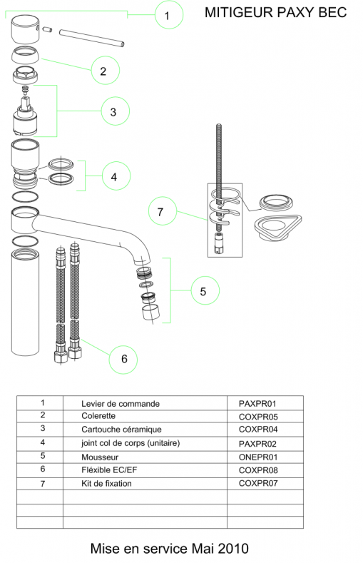 Vue eclatee robinet paxy de chez franke