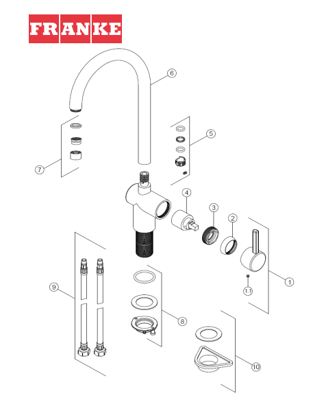 vue eclatée robinet FRANKE LEDA BEC Inox 115.0590.046