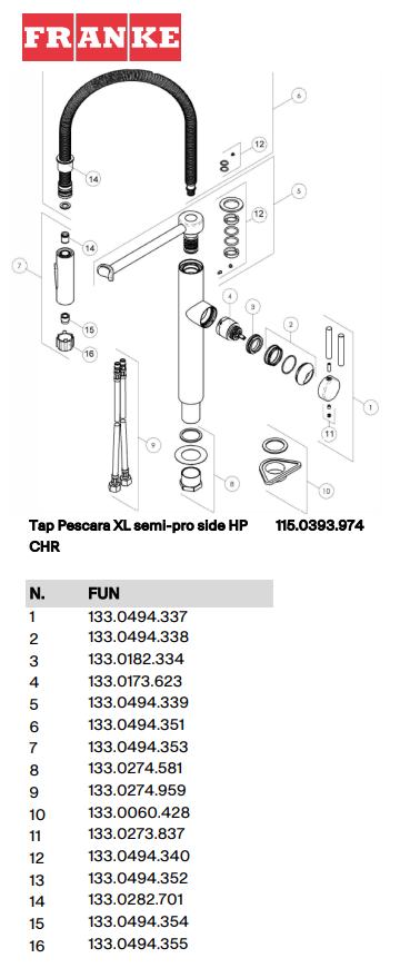 vue eclatée robinet pescara XL Semi Pro FRANKE 115.0393.974